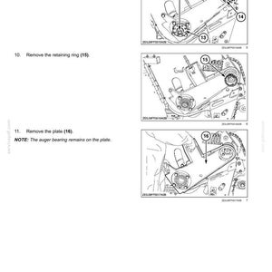 May include: Diagram of an attachment/header feed auger, with numbered steps for disassembly. Includes illustrations of bolts, flange, sprocket, retaining ring, and plate. Text includes "Remove the bolts (12)" and "NOTE: The auger bearing remains on the plate."