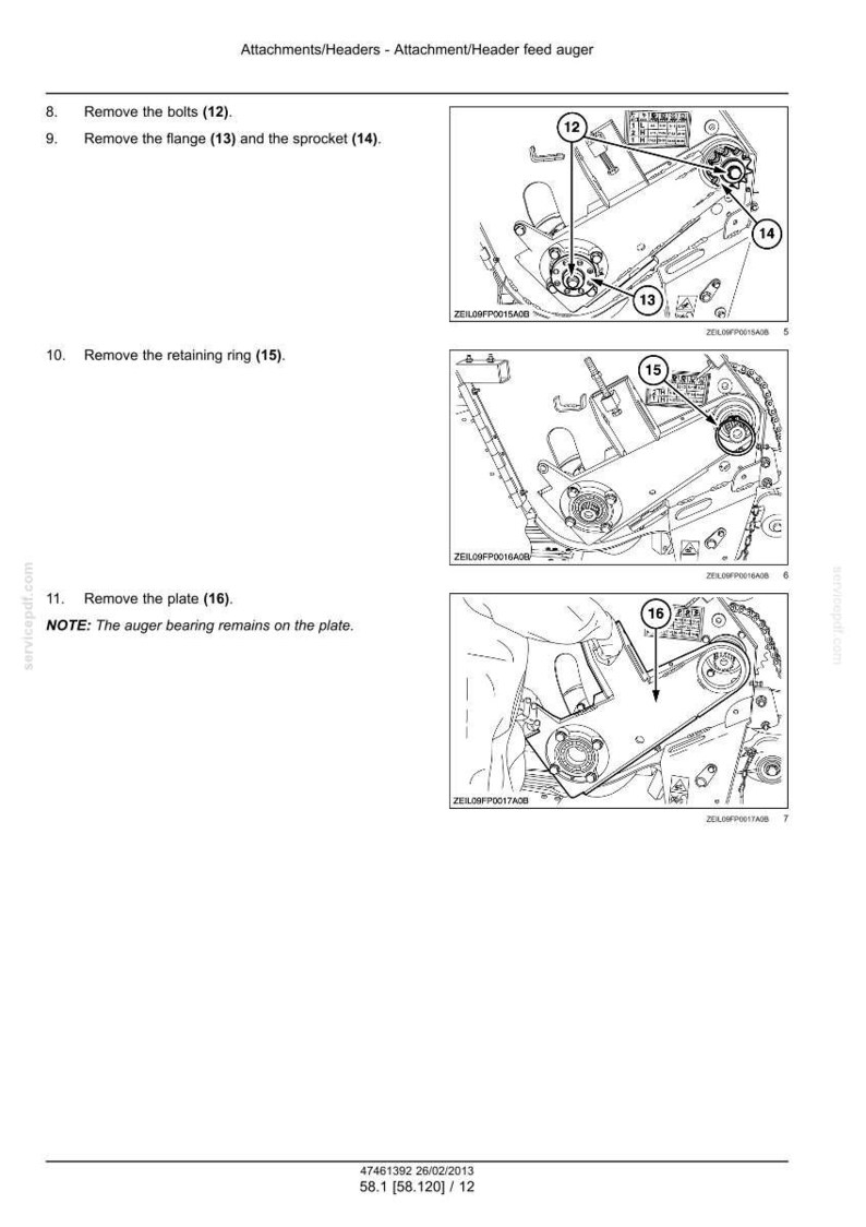 May include: Diagram of an attachment/header feed auger, with numbered steps for disassembly. Includes illustrations of bolts, flange, sprocket, retaining ring, and plate. Text includes "Remove the bolts (12)" and "NOTE: The auger bearing remains on the plate."