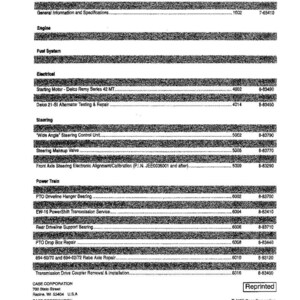 Puede incluir: Una p&aacute;gina impresa en blanco y negro del Manual de servicio del tractor 9350. La tabla de contenidos incluye secciones sobre el motor, el sistema de combustible, el sistema el&eacute;ctrico, la direcci&oacute;n y la transmisi&oacute;n. El manual es de Case Corporation.