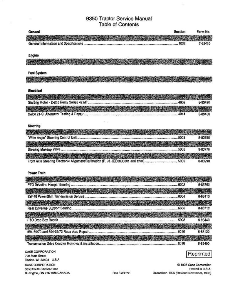 Puede incluir: Una p&aacute;gina impresa en blanco y negro del Manual de servicio del tractor 9350. La tabla de contenidos incluye secciones sobre el motor, el sistema de combustible, el sistema el&eacute;ctrico, la direcci&oacute;n y la transmisi&oacute;n. El manual es de Case Corporation.