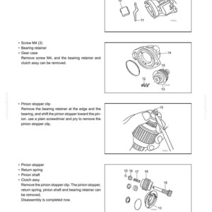 May include: Diagram of engine components, including a dust cover, shift lever, screws, bearing retainer, and pinion stopper. The image is a technical illustration with labels and numbers for each part, showing disassembly steps.
