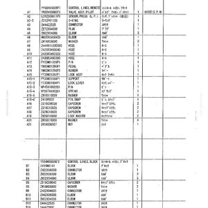 May include: A technical parts list document titled Control Lines, Remote and Control Lines, Block. The table displays columns for item numbers, part numbers, part names in English and Japanese, and quantities for various mechanical components.