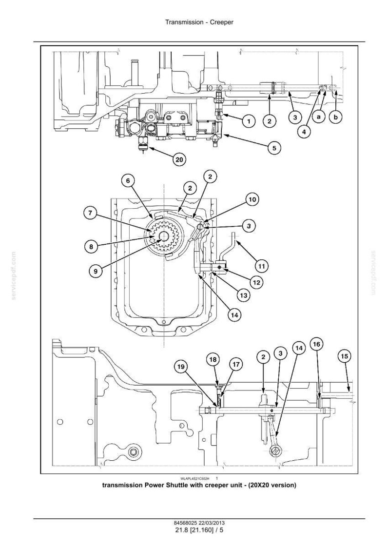May include: Detailed technical diagram of a transmission creeper unit, labeled with numbers and lines. The diagram includes the text "transmission Power Shuttle with creeper unit - (20X20 version)". The diagram is in black and white.