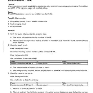 May include: A diagnostic document detailing fault codes for an electrical system. The text includes troubleshooting steps for a 'Short to low source' issue, with voltage and continuity checks. The document provides instructions for repair.