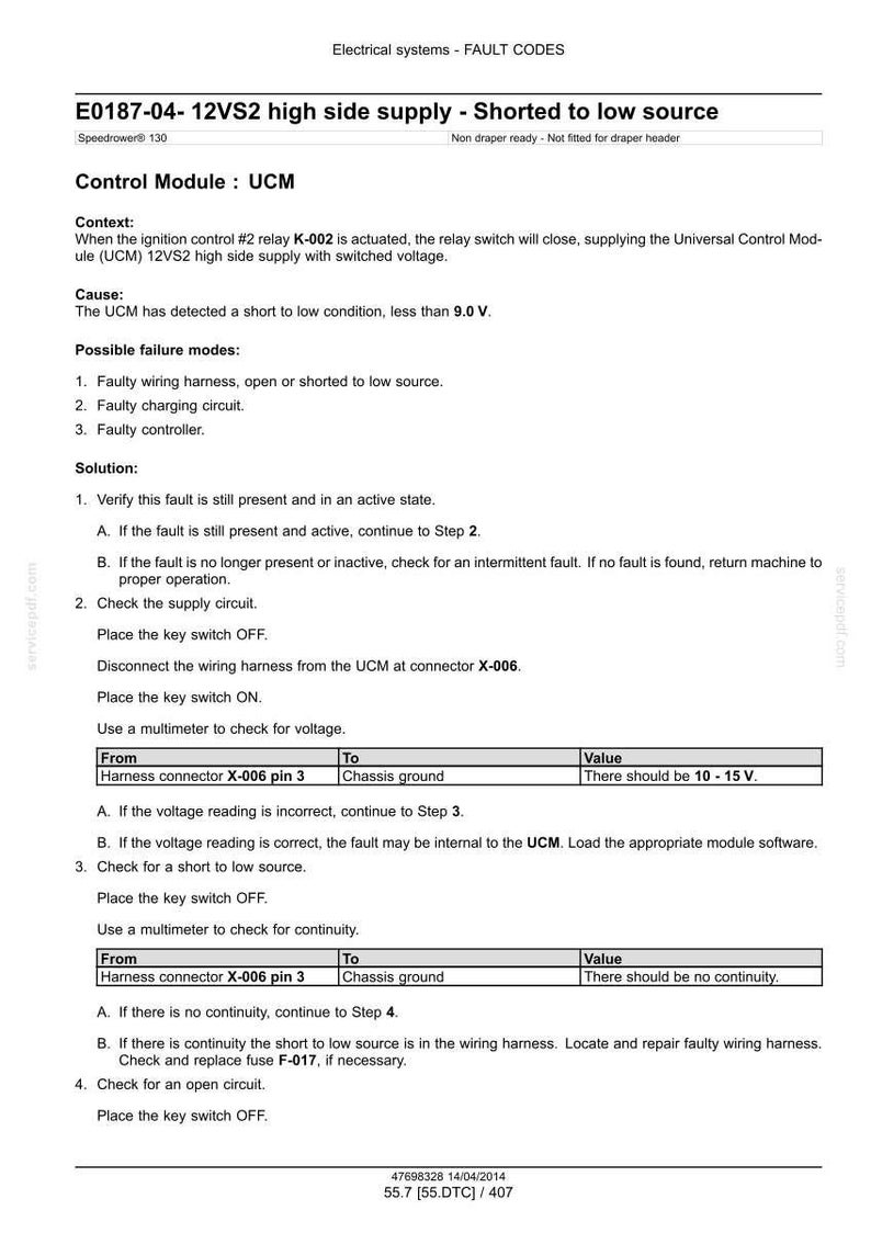May include: A diagnostic document detailing fault codes for an electrical system. The text includes troubleshooting steps for a 'Short to low source' issue, with voltage and continuity checks. The document provides instructions for repair.