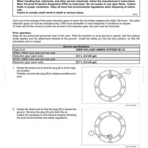 May include: A technical manual page titled Axles reduction gears oil - Change (initial 150 hours) featuring a warning box, service specifications table for New Holland Ambra Hypoide 90 LS oil, and two diagrams showing a wheel hub with a plug labeled 1.