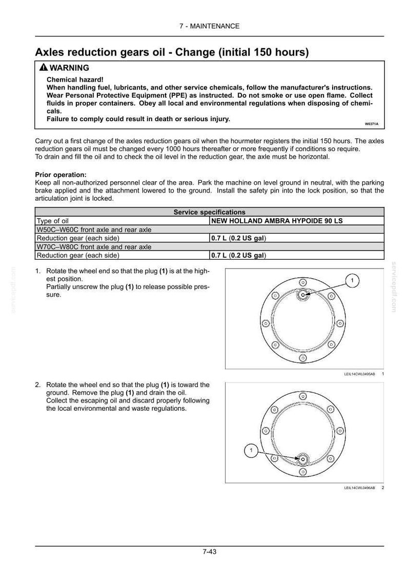 May include: A technical manual page titled Axles reduction gears oil - Change (initial 150 hours) featuring a warning box, service specifications table for New Holland Ambra Hypoide 90 LS oil, and two diagrams showing a wheel hub with a plug labeled 1.