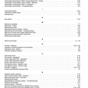 May include: A black and white index page from a technical manual, featuring alphabetical headings from H to S. The text lists various tractor components and maintenance procedures, such as hydraulic systems, brakes, and safety rules, with corresponding page numbers.