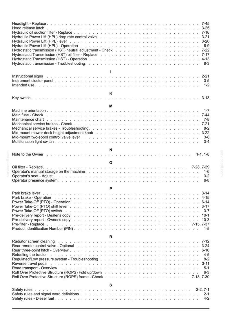 May include: A black and white index page from a technical manual, featuring alphabetical headings from H to S. The text lists various tractor components and maintenance procedures, such as hydraulic systems, brakes, and safety rules, with corresponding page numbers.