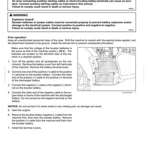 May include: Diagram of auxiliary battery connections with warnings about improper use. Instructions detail connecting cables to booster batteries, emphasizing safety and preventing explosions. Includes steps for starting the engine.
