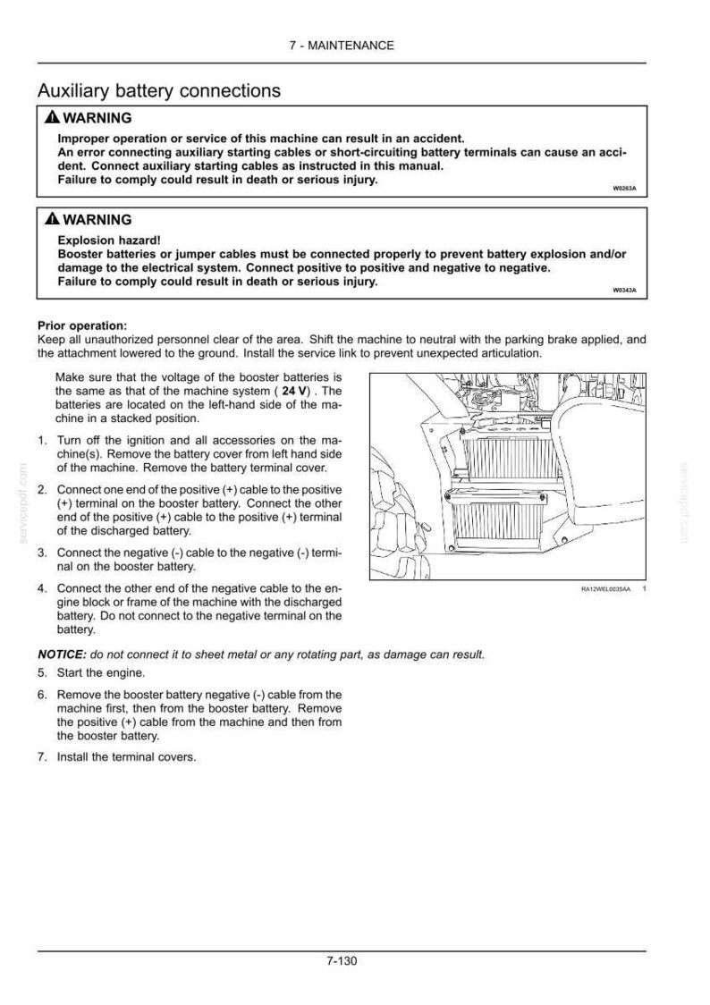 May include: Diagram of auxiliary battery connections with warnings about improper use. Instructions detail connecting cables to booster batteries, emphasizing safety and preventing explosions. Includes steps for starting the engine.