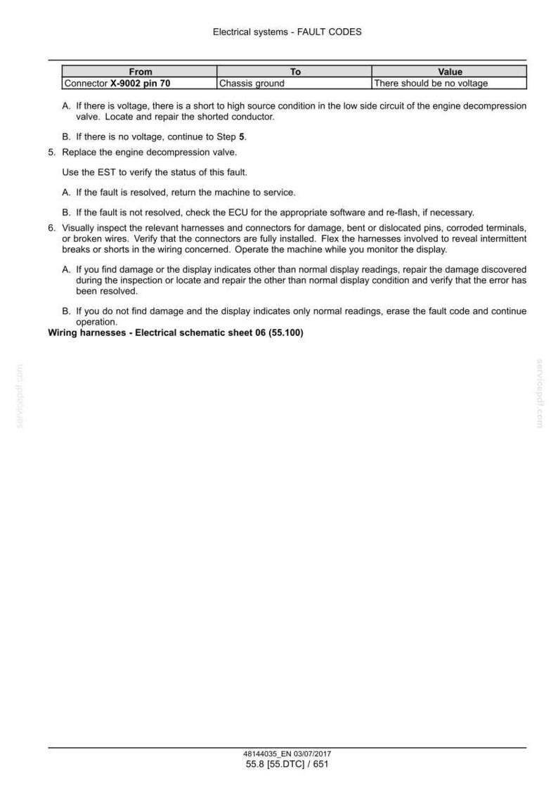 May include: A technical diagram titled "Electrical systems - FAULT CODES" with troubleshooting steps. It includes a table with "From," "To," and "Value" columns, and instructions for diagnosing and repairing electrical faults.