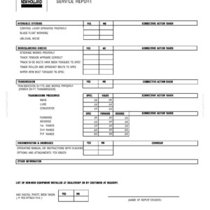 May include: A New Holland Dealer Pre-Delivery Service Report form printed in black ink on white paper. The document includes sections for hydraulic systems, miscellaneous checks, transmission pressures, and documentation with yes and no checkboxes.
