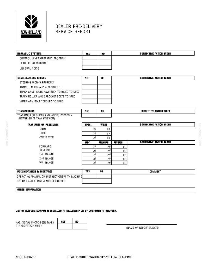 May include: A New Holland Dealer Pre-Delivery Service Report form printed in black ink on white paper. The document includes sections for hydraulic systems, miscellaneous checks, transmission pressures, and documentation with yes and no checkboxes.