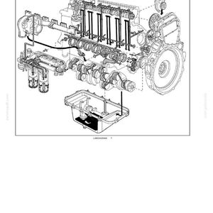May include: Diagram of an engine lubrication system, labeled "LUBRICATION SYSTEM - Plumbing schema." The diagram includes various engine components, such as the engine block, pistons, and oil filter, with connecting lines. Text at the top reads "ENGINE AND PTO IN - LUBRICATION SYSTEM."