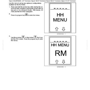 May include: A technical diagram with text detailing the configuration of a front hitch system. The diagram includes two display screen illustrations with the text "HH MENU" and "HH RM" along with up and down arrow symbols.