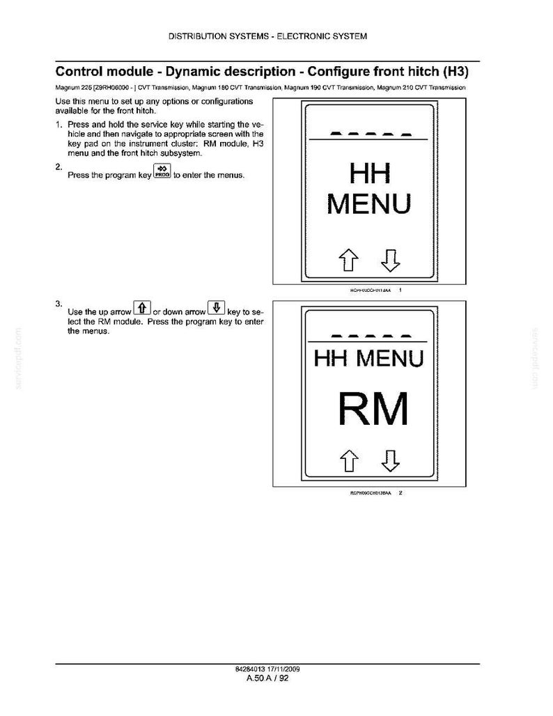 May include: A technical diagram with text detailing the configuration of a front hitch system. The diagram includes two display screen illustrations with the text "HH MENU" and "HH RM" along with up and down arrow symbols.