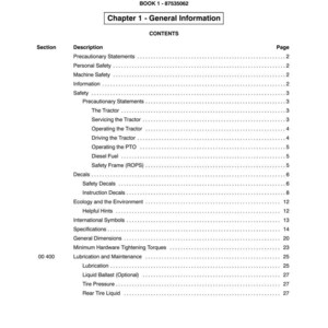 May include: A white printed page from a manual titled "SECTION 00 - GENERAL INFORMATION". The table of contents lists topics like "Safety", "Decals", and "Tire Pressure". The page number "2" is at the bottom.
