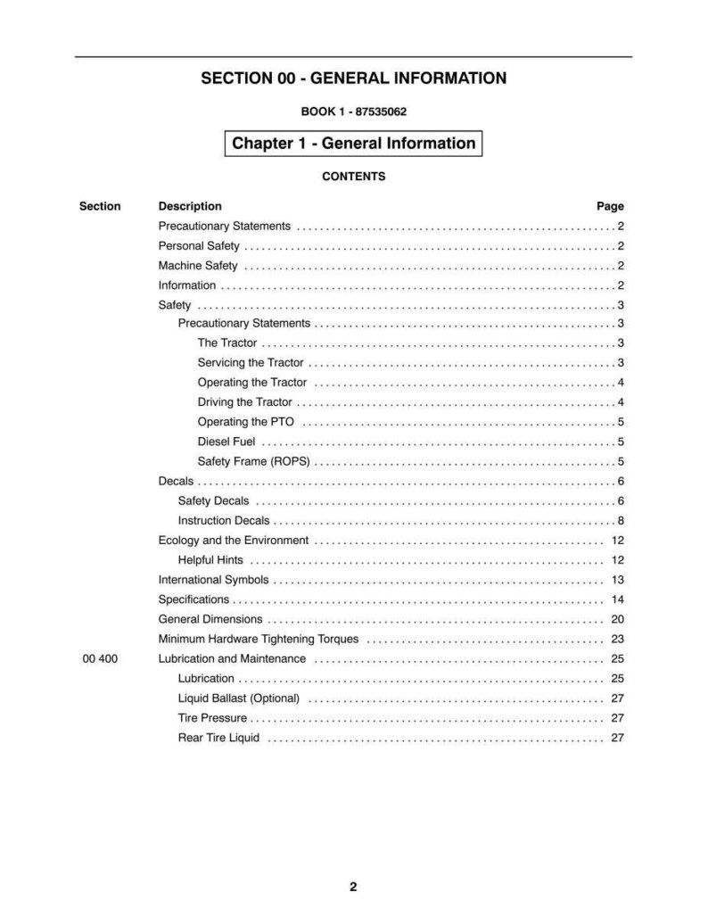 May include: A white printed page from a manual titled "SECTION 00 - GENERAL INFORMATION". The table of contents lists topics like "Safety", "Decals", and "Tire Pressure". The page number "2" is at the bottom.