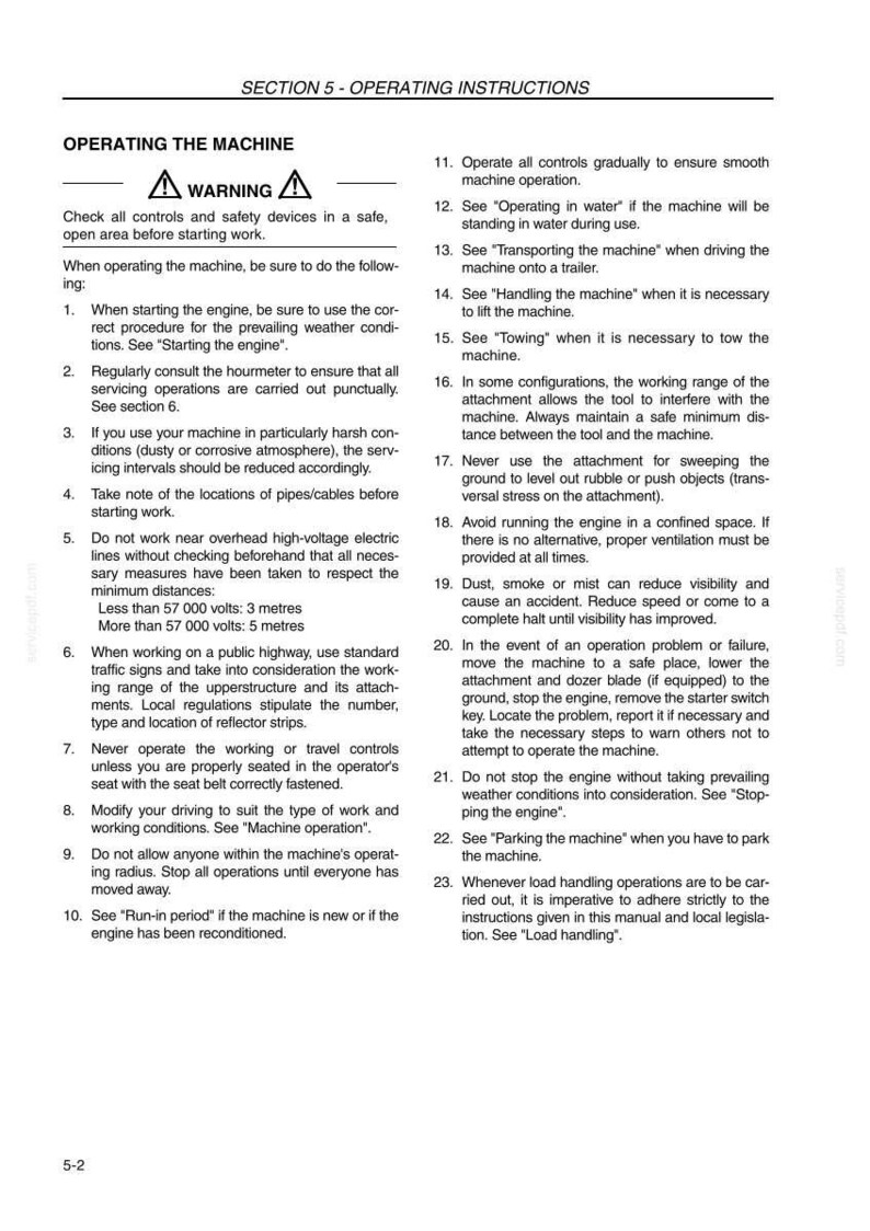 K&ouml;nnte beinhalten: Seite aus einer Betriebsanleitung mit Sicherheitshinweisen und Anweisungen. Der Text behandelt Themen wie Motorstart, Sicherheitsabst&auml;nde zu Stromleitungen und Betriebsverfahren. Enth&auml;lt ein Warnsymbol.