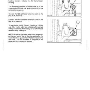 May include: A technical manual page titled SECTION 3 - FIELD OPERATIONS, featuring text about a transmission oil heater and two line-art diagrams labeled 5 and 6. Each diagram shows a component with a plug marked 1 for electrical connection.