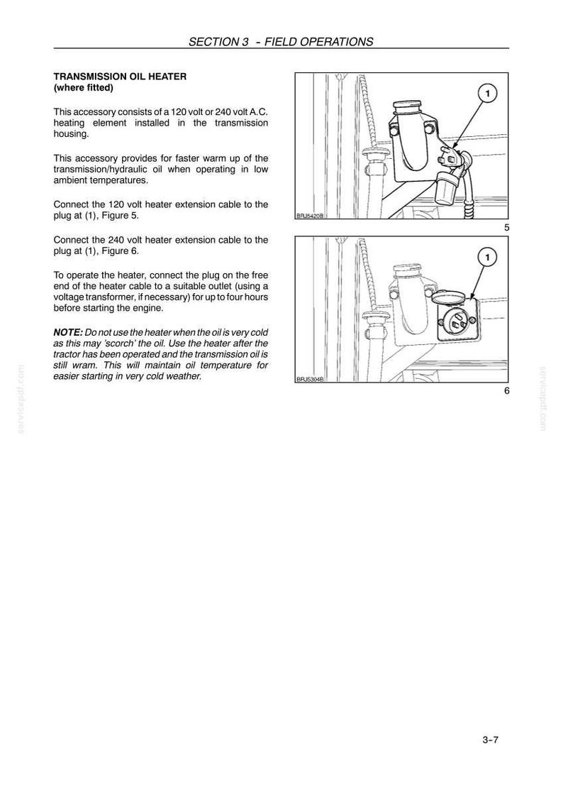 May include: A technical manual page titled SECTION 3 - FIELD OPERATIONS, featuring text about a transmission oil heater and two line-art diagrams labeled 5 and 6. Each diagram shows a component with a plug marked 1 for electrical connection.
