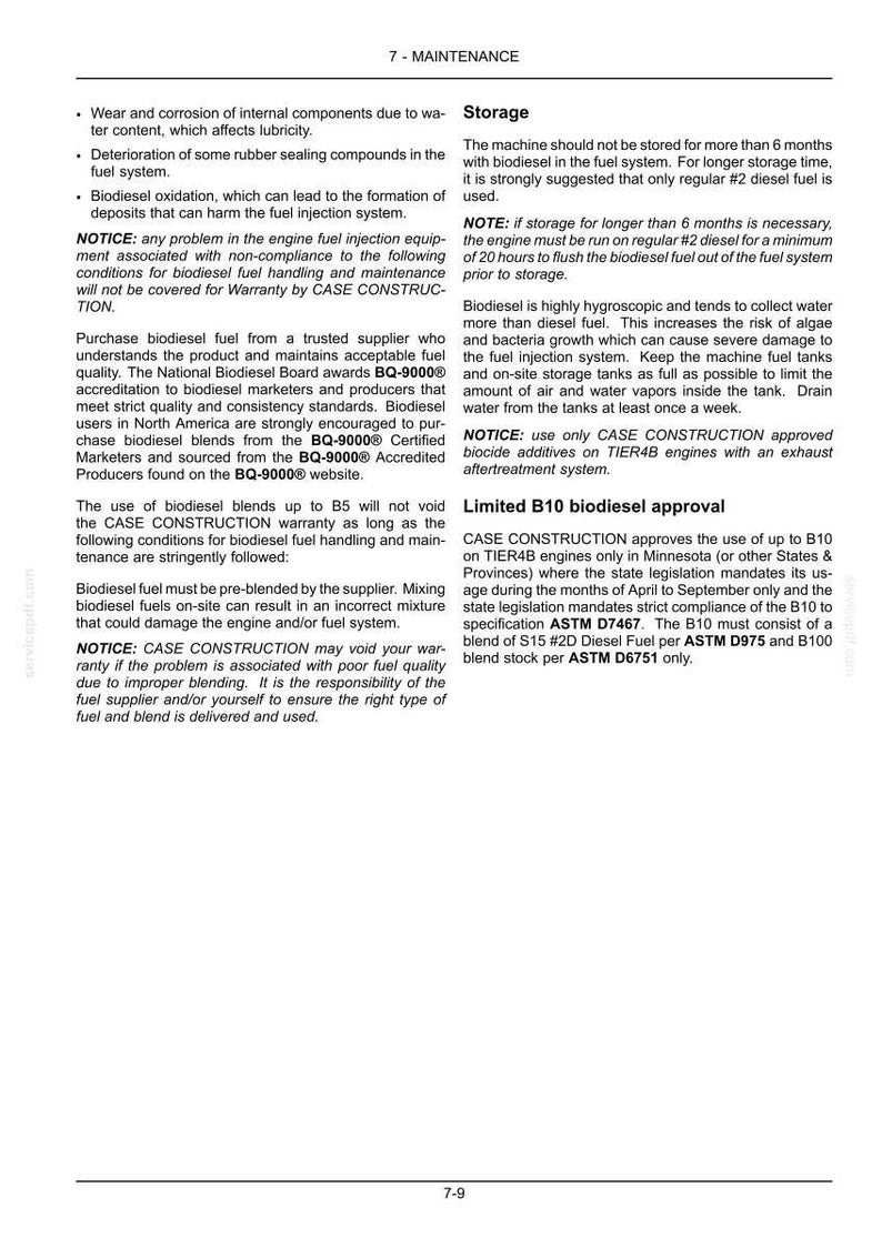 May include: A page from a maintenance manual with the title "7 - MAINTENANCE." The text details storage guidelines for biodiesel fuel, including storage duration, fuel type, and potential issues like algae growth. It also covers warranty information.