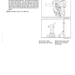 May include: Diagram of a parking brake warning light switch and relay, with detailed illustrations and labels. Includes a wiring diagram with numbered components and text descriptions, such as "Common, Black" and "Poly Vinyl Chloride (PVC) tube."