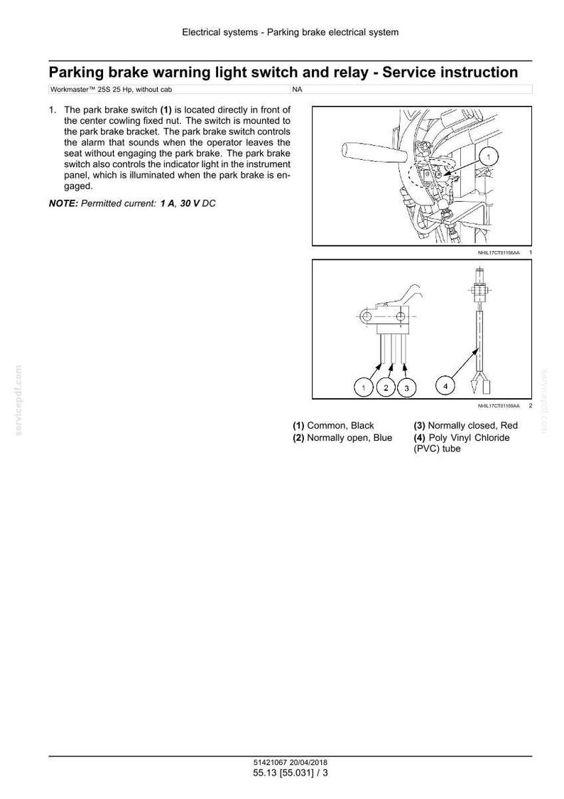 May include: Diagram of a parking brake warning light switch and relay, with detailed illustrations and labels. Includes a wiring diagram with numbered components and text descriptions, such as "Common, Black" and "Poly Vinyl Chloride (PVC) tube."