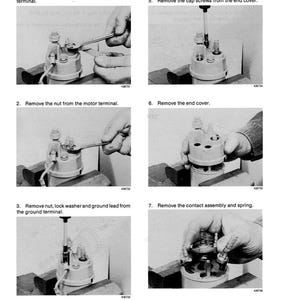 May include: A black and white diagram illustrating the disassembly of a mechanical component. The image shows various steps, including removing nuts, screws, and the end cover. Text in the image provides instructions for each step.
