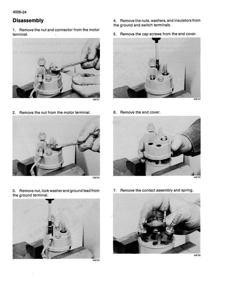 May include: A black and white diagram illustrating the disassembly of a mechanical component. The image shows various steps, including removing nuts, screws, and the end cover. Text in the image provides instructions for each step.