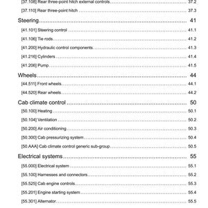 May include: A detailed table of contents from a manual, listing various tractor components. Sections include hitches, steering, wheels, cab climate control, and electrical systems. The page numbers are on the right.