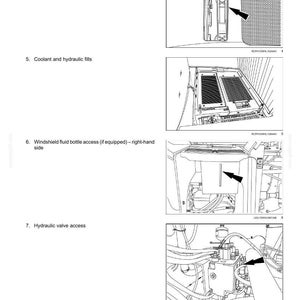 Puede incluir: Diagrama t&eacute;cnico de los componentes de mantenimiento de un veh&iacute;culo. Muestra el indicador de l&iacute;quido hidr&aacute;ulico, la puerta de acceso, los llenados de refrigerante e hidr&aacute;ulicos, el acceso al dep&oacute;sito de l&iacute;quido limpiaparabrisas y el acceso a la v&aacute;lvula hidr&aacute;ulica.
