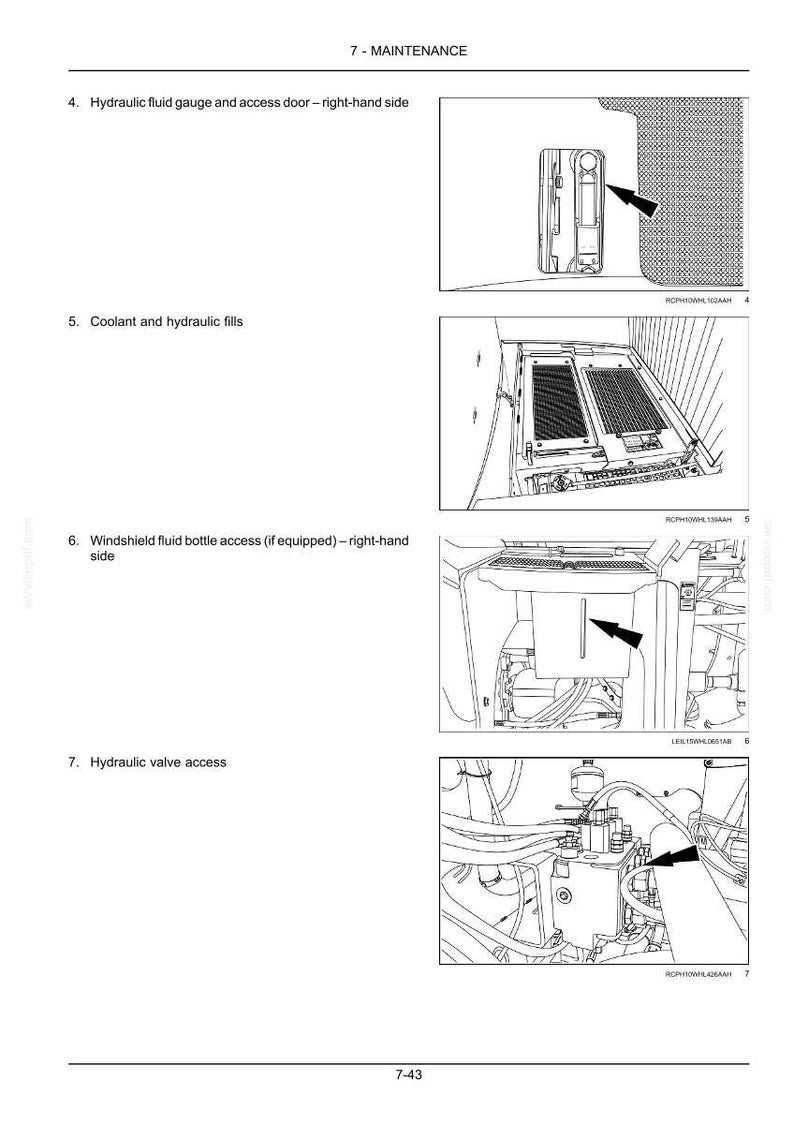 Puede incluir: Diagrama t&eacute;cnico de los componentes de mantenimiento de un veh&iacute;culo. Muestra el indicador de l&iacute;quido hidr&aacute;ulico, la puerta de acceso, los llenados de refrigerante e hidr&aacute;ulicos, el acceso al dep&oacute;sito de l&iacute;quido limpiaparabrisas y el acceso a la v&aacute;lvula hidr&aacute;ulica.