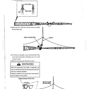 Peut inclure: Une page de manuel technique illustrant les &eacute;tapes d'assemblage d'une grue, avec des sch&eacute;mas de hauban de fl&eacute;chette, de but&eacute;e arri&egrave;re de m&acirc;t et de fl&egrave;che d'insertion avec patte. Le texte inclut des instructions, un avertissement et une r&eacute;f&eacute;rence de 12,2 m.