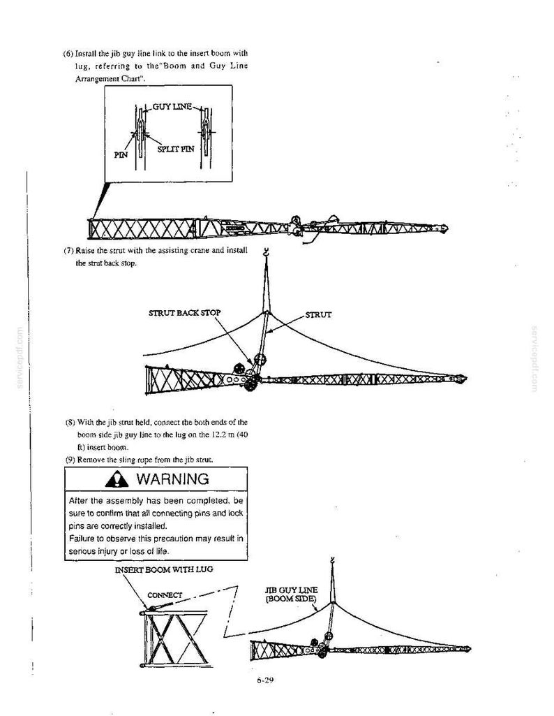 Peut inclure: Une page de manuel technique illustrant les &eacute;tapes d'assemblage d'une grue, avec des sch&eacute;mas de hauban de fl&eacute;chette, de but&eacute;e arri&egrave;re de m&acirc;t et de fl&egrave;che d'insertion avec patte. Le texte inclut des instructions, un avertissement et une r&eacute;f&eacute;rence de 12,2 m.