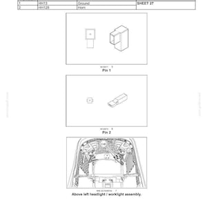 May include: Diagram of electrical connectors and wiring for a vehicle's horn system. Includes schematic drawings of the connector pins and the location of the horn assembly. Text includes "CONNECTOR C40 - HORN" and "Above left headlight / worklight assembly."