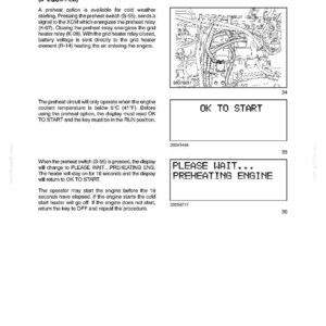 May include: A page from a manual detailing the preheat circuit in a vehicle's electrical system. It includes diagrams, text, and display messages like "OK TO START" and "PLEASE WAIT...PREHEATING ENGINE."