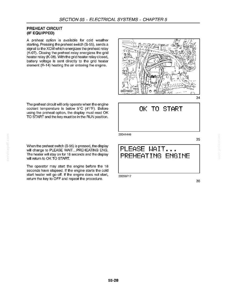May include: A page from a manual detailing the preheat circuit in a vehicle's electrical system. It includes diagrams, text, and display messages like "OK TO START" and "PLEASE WAIT...PREHEATING ENGINE."
