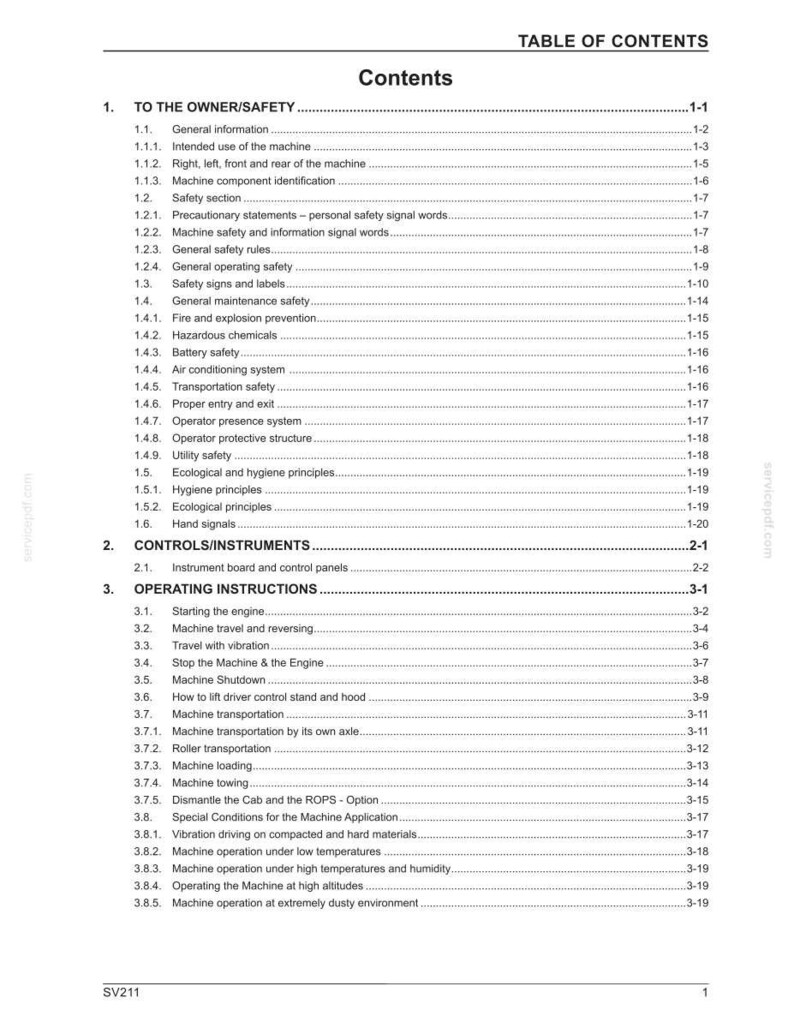 May include: A page from a manual titled "Contents" with a table of contents listing safety, controls, and operating instructions. The document is printed on white paper with black text and section numbers.