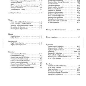 K&ouml;nnte beinhalten: Eine schwarz-wei&szlig;e Indexseite eines technischen Handbuchs mit dem Titel INDEX, die mechanische Systeme wie Air System, Casters, Decals, Depth Control, Electrical, Endmarker, Floating Hoe/Shank Adjustment, Grease Locations, Hydraulics und Leveling auflistet.