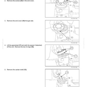 Puede incluir: Diagrama t&eacute;cnico que ilustra el desmontaje de un sistema de direcci&oacute;n hidr&aacute;ulica. Los pasos incluyen la extracci&oacute;n de tornillos, tapas, engranajes, juntas t&oacute;ricas y el eje card&aacute;n. Dibujo t&eacute;cnico detallado con etiquetas y n&uacute;meros de pieza.
