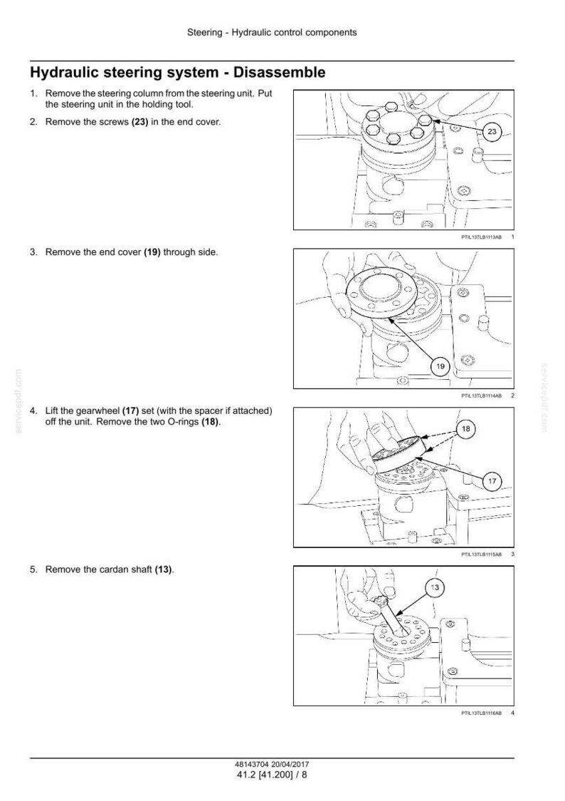 Puede incluir: Diagrama t&eacute;cnico que ilustra el desmontaje de un sistema de direcci&oacute;n hidr&aacute;ulica. Los pasos incluyen la extracci&oacute;n de tornillos, tapas, engranajes, juntas t&oacute;ricas y el eje card&aacute;n. Dibujo t&eacute;cnico detallado con etiquetas y n&uacute;meros de pieza.