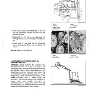 Może przedstawiać: Strona z instrukcji technicznej zatytułowana CHAPTER 6 - MAINTENANCE AND ADJUSTMENTS, zawierająca schematy zespołu silnika jazdy, numerowane listy części, instrukcje montażu koła słonecznego i kuli oraz ostrzeżenie dotyczące koparki.
