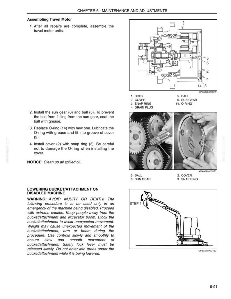 Może przedstawiać: Strona z instrukcji technicznej zatytułowana CHAPTER 6 - MAINTENANCE AND ADJUSTMENTS, zawierająca schematy zespołu silnika jazdy, numerowane listy części, instrukcje montażu koła słonecznego i kuli oraz ostrzeżenie dotyczące koparki.