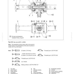 May include: Diagram of a rear axle assembly, labeled LW170-LW190, with detailed illustrations of its components. Includes callouts for oil seal, axle shaft, final drive, housing, and differential. Text includes torque specifications and safety precautions.
