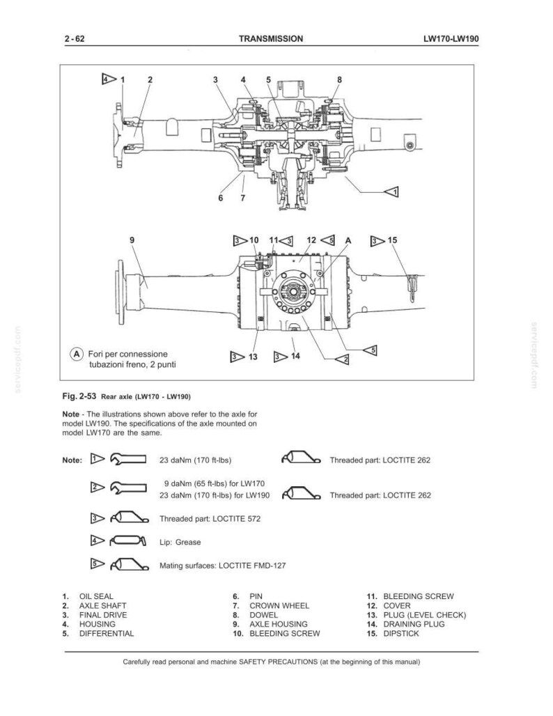 May include: Diagram of a rear axle assembly, labeled LW170-LW190, with detailed illustrations of its components. Includes callouts for oil seal, axle shaft, final drive, housing, and differential. Text includes torque specifications and safety precautions.