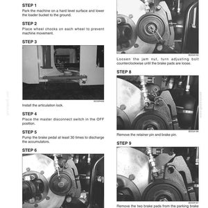 May include: A technical service manual page titled PARKING BRAKE Disassembly, featuring numbered steps 1 through 9 with black and white photographs showing the mechanical process of removing a parking brake cover, adjusting bolts, and brake pads.
