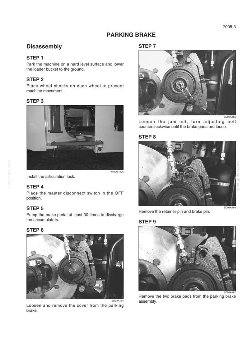 May include: A technical service manual page titled PARKING BRAKE Disassembly, featuring numbered steps 1 through 9 with black and white photographs showing the mechanical process of removing a parking brake cover, adjusting bolts, and brake pads.