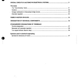May include: A white page with a table of contents from a manual. The text includes topics like "Malfunctions of the lighting system," "Fuses in motor vehicles," and "Standardized designations of terminals."